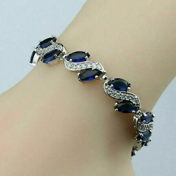Sparkle Jewels 14K White Gold Finish Marquise Cut Lab Created Blue Sapphire Tennis Bracelet