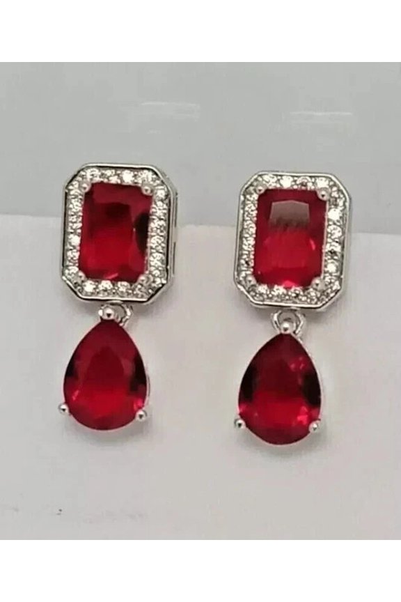 14K White Gold Plated 3Ct Pear Cut Lab Created Red Ruby Halo Fancy Drop Earrings