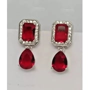 Sparkle Jewels 14K White Gold Plated 3Ct Pear Cut Lab Created Red Ruby Halo Fancy Drop Earrings