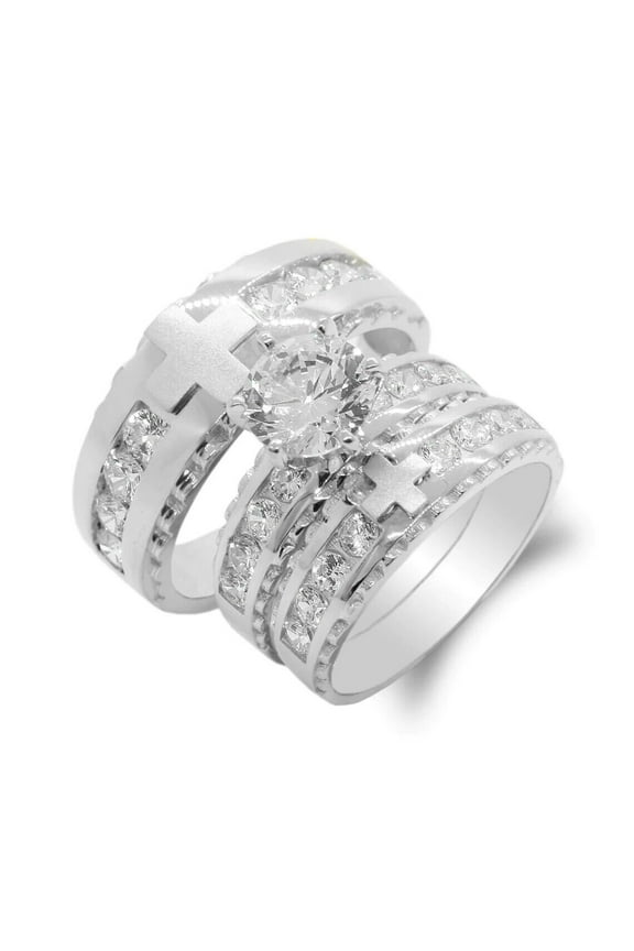 14K White Gold Plated CZ Wedding Trio His Her Band Ring Set