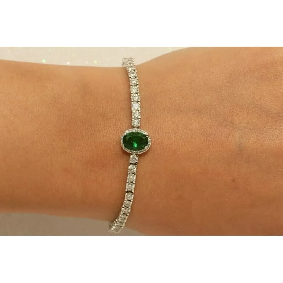 Sparkle Jewels 14K White Gold Plated Oval Cut Green Emerald & Diamond Halo Tennis Link Bracelet