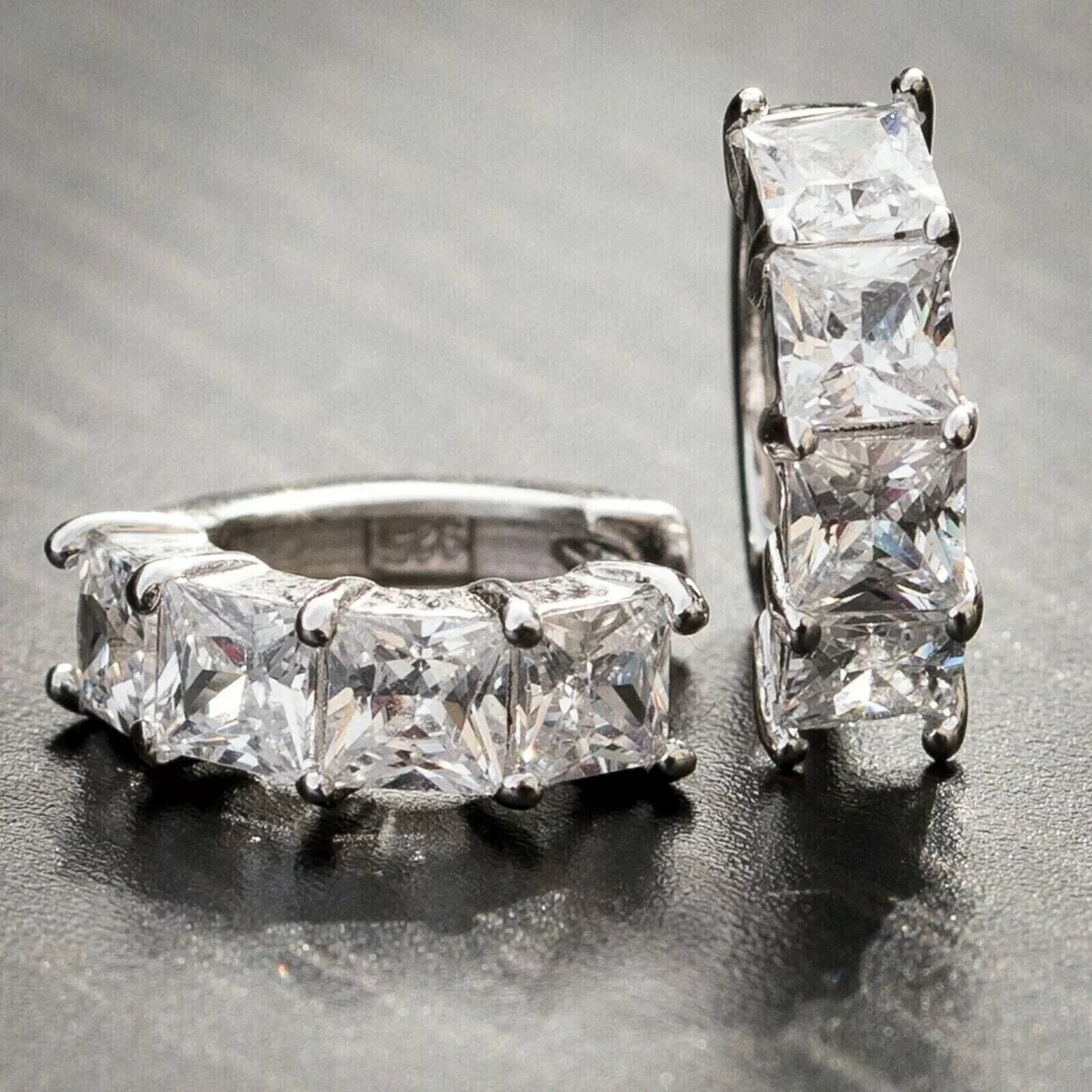 Sparkle Jewels 14K White Gold Plated Princess Cut White Diamond Huggie Hoop Men's Earrings