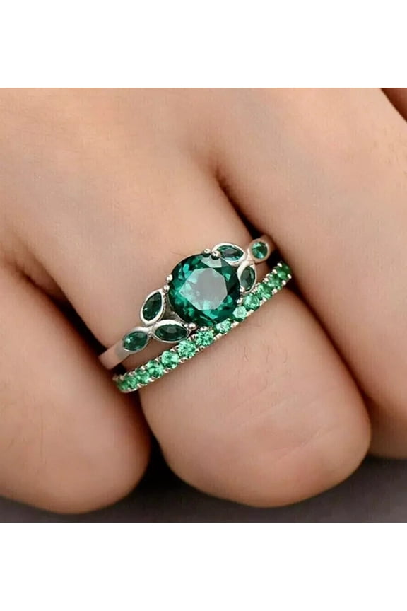 14K White Gold Plated Round Green Cubic Zirconia Bridal Wedding Ring Set