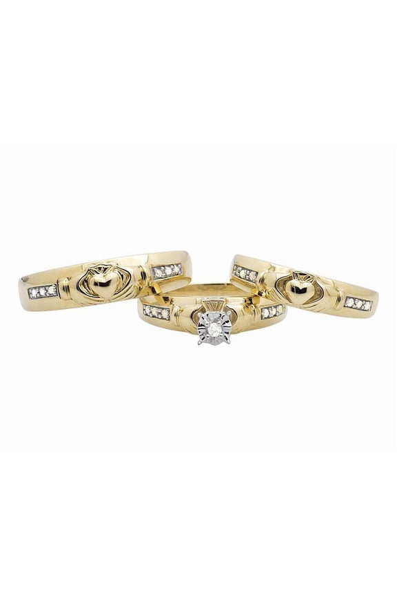 14K Yellow Gold Finish 0.25 Ct CZ Claddagh Wedding Band Ring Trio Set