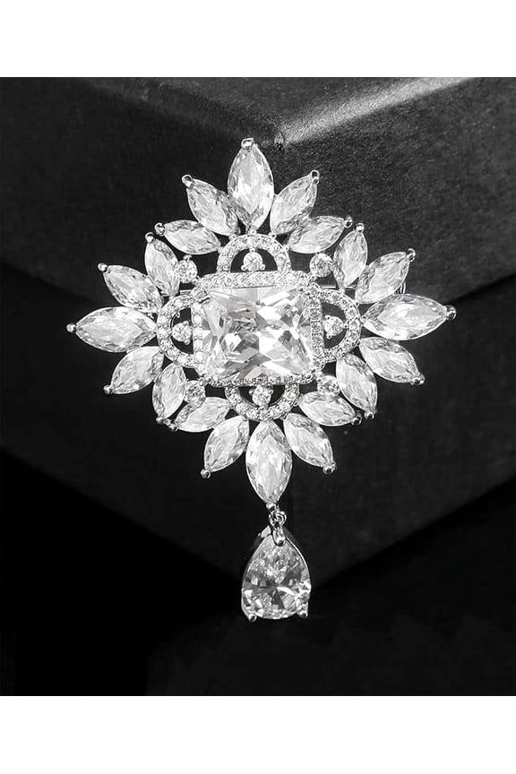 14K Yellow Gold Finish Black Cubic Zirconia Crescent Moon With Stars Brooch Pin