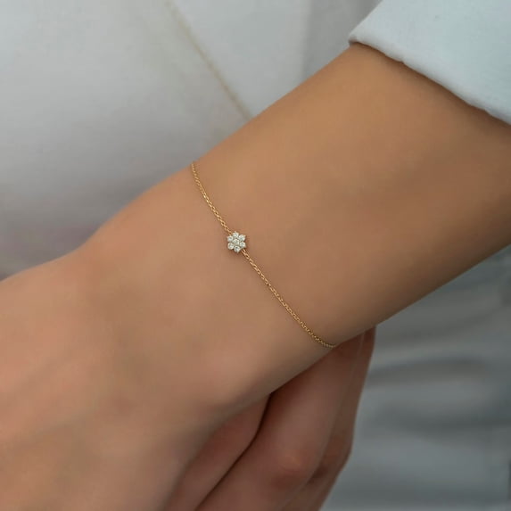 Sparkle Jewels 14K Yellow Gold Finish Round Cubic Zirconia Dainty Flower Chain Bracelet
