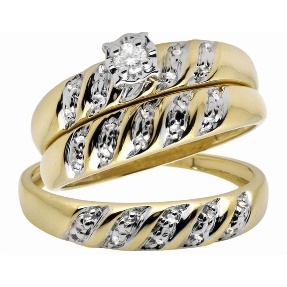 Sparkle Jewels 14K Yellow Gold Finish Trio Set Swirl CZ Engagement Wedding Ring Set