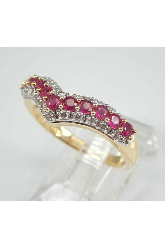 14K Yellow Gold Plated Anniversary Women's Band Ring Round Cut Red Ruby