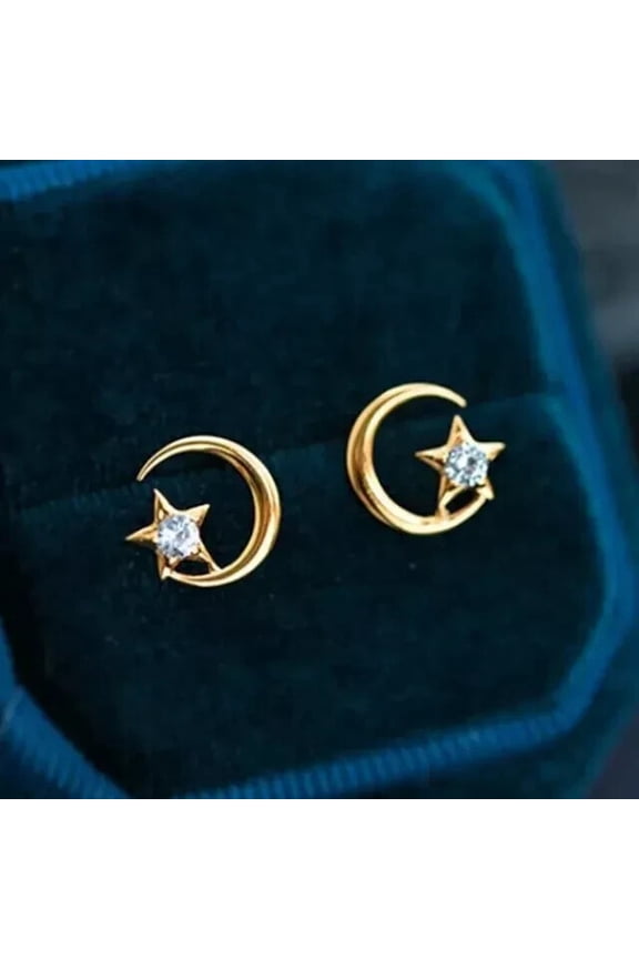 14K Yellow Gold Plated Round Cut Cubic Zirconia Moon Star Stud Earrings for Women