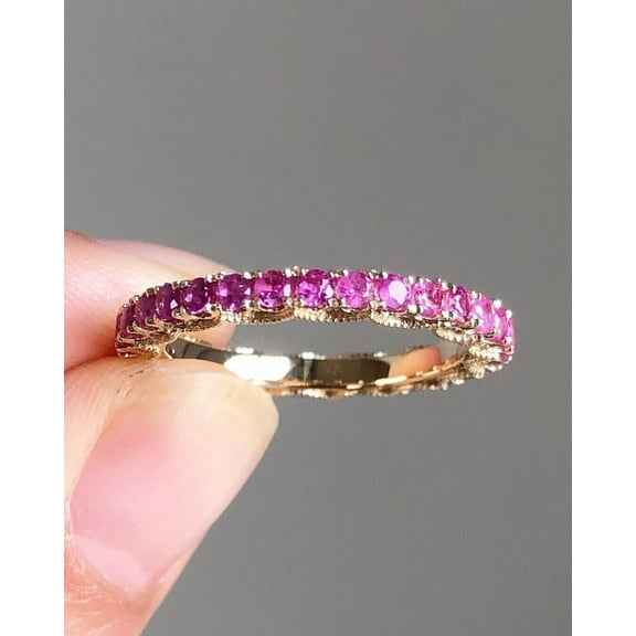 Sparkle Jewels 14K Yellow Gold Plated Round Cut Pink Sapphire Eternity Wedding Band Ring