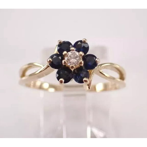 Sparkle Jewels Blue Cubic Zirconia Round Cut Flower Women Wedding Ring 14K Yellow Gold Plated