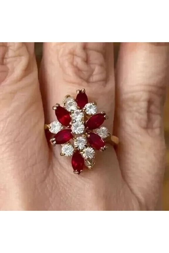 14k Yellow Gold Plated Marquise Cut Red Ruby Cocktail Engagement Ring For Women
