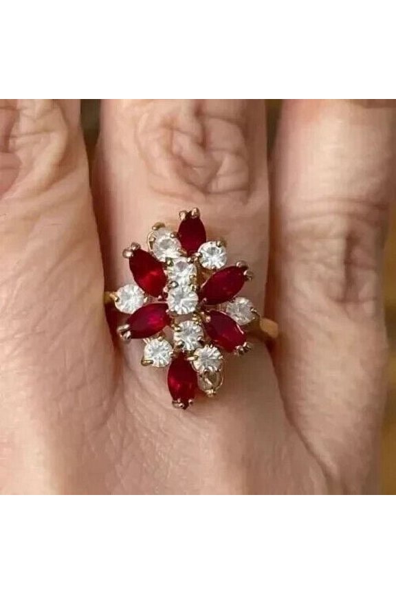 14k Yellow Gold Plated Marquise Cut Red Ruby Cocktail Engagement Ring For Women
