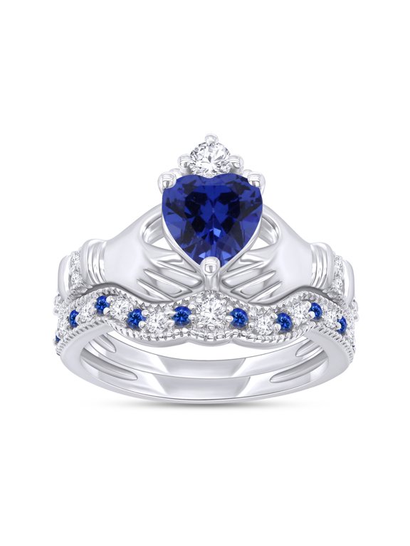 2 2/5 Ct Cubic Zirconia Heart Shape Claddagh Bridal Ring Set Sterling Gold Plated