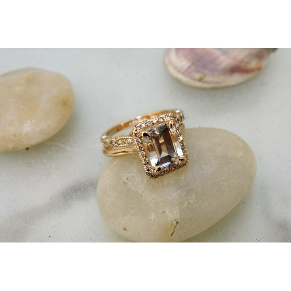 Sparkle Jewels 2ct Peach CZ Birthday Ring 14K Yellow Gold Finish Halo Bridal Set