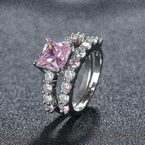 Sparkle Jewels 3 Ct Princess Cut Pink CZ Engagement Bridal Set Ring 14k White Gold Plated