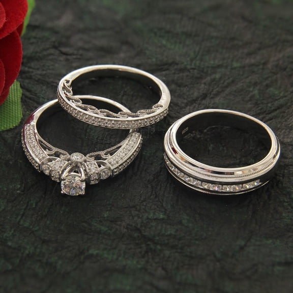 Sparkle Jewels 3 Ct Round CZ Wedding Trio Ring Set with Matching Band 925 Silver