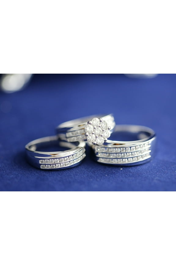 3-Piece Trio Ring Set 14K White Gold Finish Silver Matching Wedding Bands for Him & Her