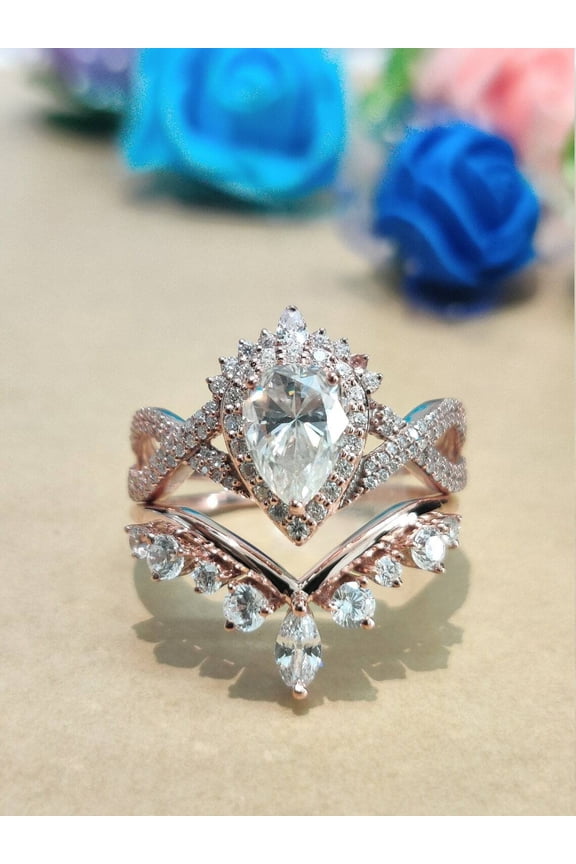 3Ct Pear Cut CZ 14K Rose Gold Finish Silver Bridal Wedding Set Ring