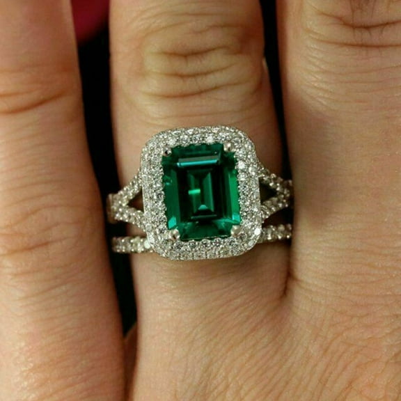 Sparkle Jewels 4 Ct Green CZ Halo Engagement Bridal Ring Set 14k White Gold Finish