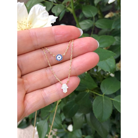 Sparkle Jewels 925 Sterling Silver Evil Eye Hamsa Hand Layered Necklace CZ Gold Women 5mm/7mm 16.5"