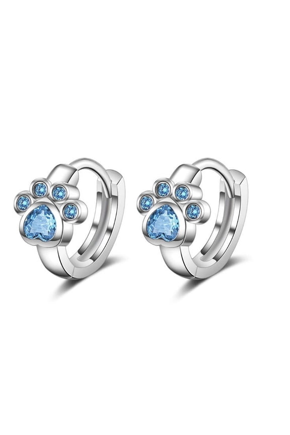 925 Sterling Silver White Gold Plated Small Paw Print CZ Huggie Hoop Earrings 10mm
