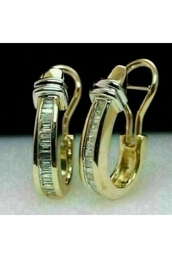 Baguette Cut Cubic Zirconia Channel Set Women's Hoop Earrings 14K Yellow Gold Finish