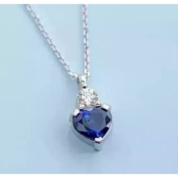 Sparkle Jewels Beautiful Two Stone Pendant Necklace Heart Cut Blue Sapphire 14k White Gold Plated