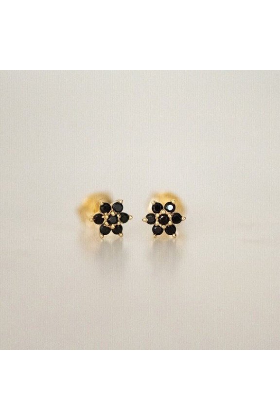 Black Round Cut Diamond Tiny Flower Stud Earrings 14K Yellow Gold Plated Silver