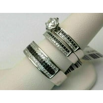 Sparkle Jewels Black & White Round Cubic Zirconia His & Her Trio Ring Set 14K White Gold Plated