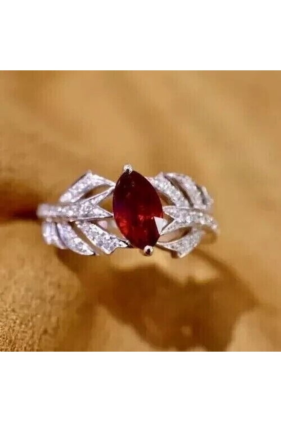 Cocktail Marquise Cut Red Ruby & Diamond Women's Engagement Ring 14k White Gold Plated