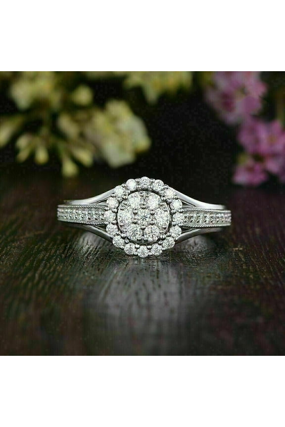 Cocktail Round Cubic Zirconia Cluster Halo Anniversary Ring 14k White Gold Plated Silver