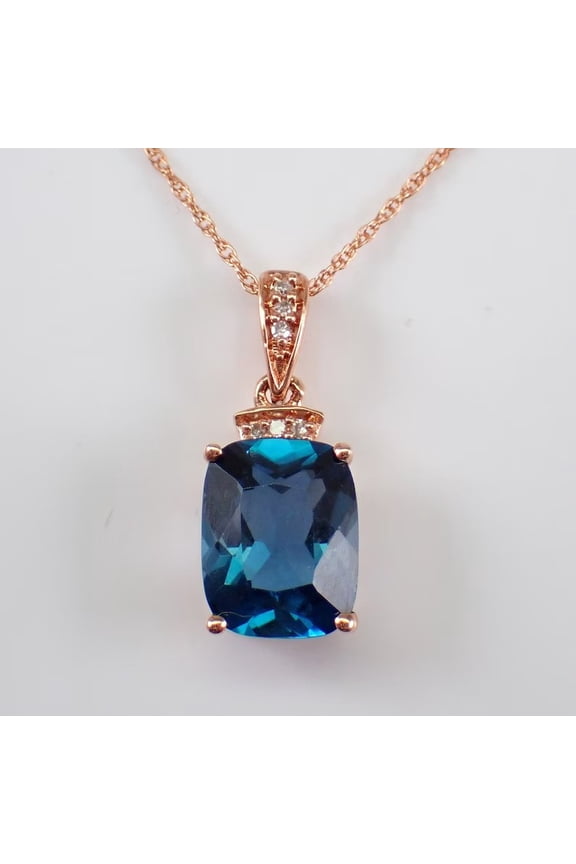 Cushion Blue Cubic Zirconia Drop Pendant 14K Rose Gold Plated