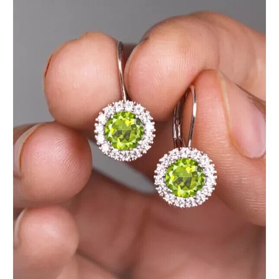 Sparkle Jewels Drop Dangle Leverback Earring Round Cut Green Peridot With Halo Diamond 14K White Gold Plated
