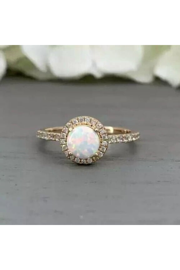 Engagement Ring Round Cut Fire Opal & Halo Diamond 14k Yellow Gold Plated
