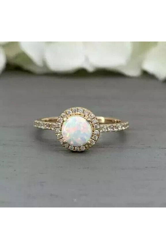 Engagement Ring Round Cut Fire Opal & Halo Diamond 14k Yellow Gold Plated