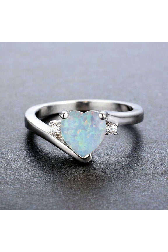 Engagement Solitaire Heart Cut White Fire Opal Ring 14k White Gold Plated