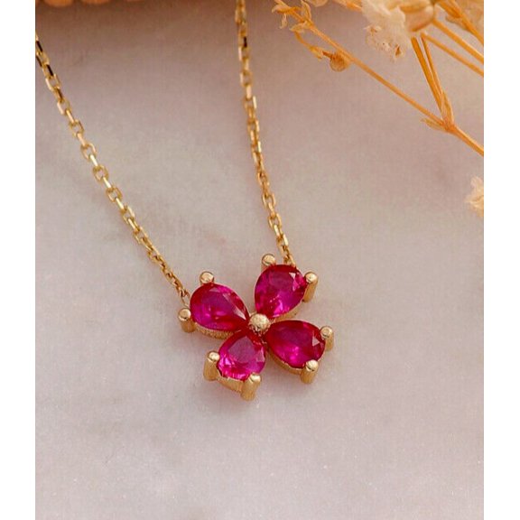 Sparkle Jewels Flower Pendant With Chain Pear Cut Red Ruby 14k Yellow Gold Plated Silver 18"