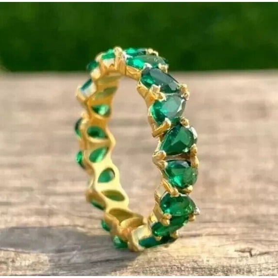 Sparkle Jewels Full Eternity Wedding Band Ring Pear Cut Emerald 14K Yellow Gold Plated
