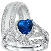 Sparkle Jewels Heart Cut Blue CZ His and Her 3 Piece TRIO Wedding Ring Set 14K White Gold Finish
