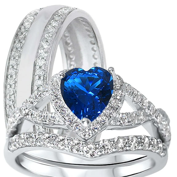 Sparkle Jewels Heart Cut Blue CZ His and Her 3 Piece TRIO Wedding Ring Set 14K White Gold Finish