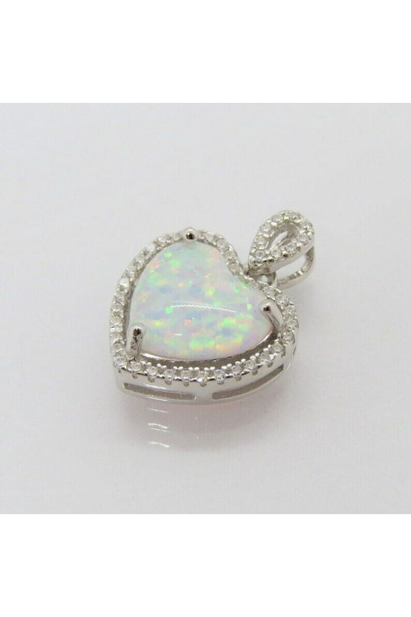 Heart Cut Fire Opal 14K White Gold Plated Halo Women's Pendant Free Chain 18"