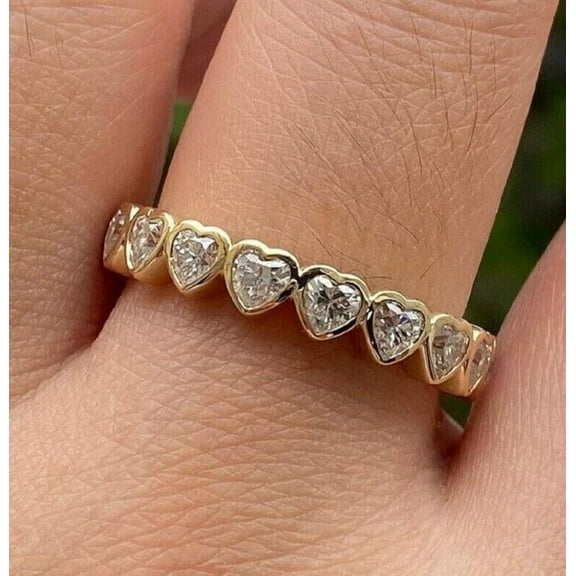 Sparkle Jewels Heart Full Eternity Band Ring Bezel Set Heart Cut Cubic Zirconia 14k Yellow Gold Plated Silver