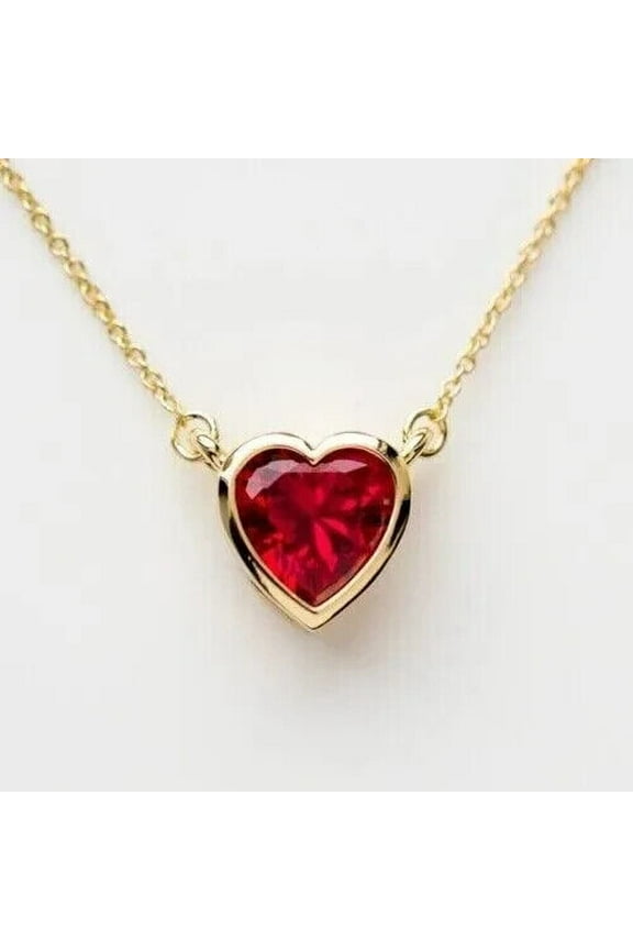 Heart Shape Red Cubic Zirconia Solitaire Pendant Necklace 14K Yellow Gold Plated