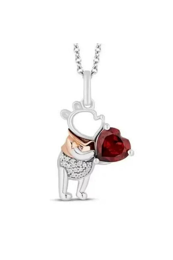Heart Shape Red Cubic Zirconia Winnie Pooh Pendant Necklace 14K White Gold Plated