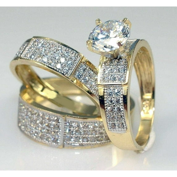 Sparkle Jewels His & Her Couple Trio Ring Set Cubic Zirconia 14K Yellow Gold Plated