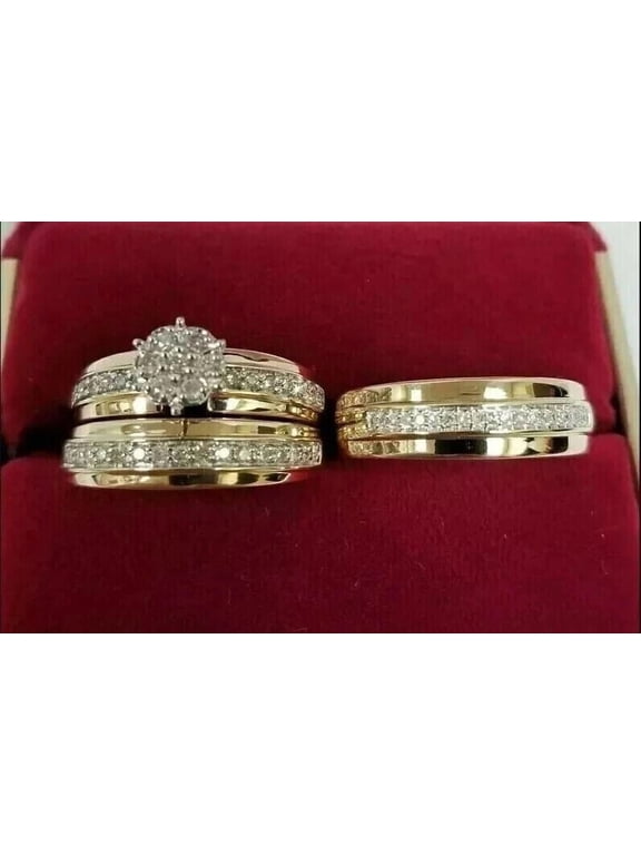 His & Her Round Cubic Zirconia Trio Wedding Ring Set 14K White Gold Plated