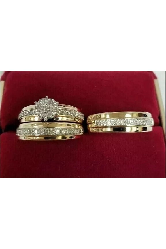 His & Her Round Cubic Zirconia Trio Wedding Ring Set 14K Yellow Gold Plated