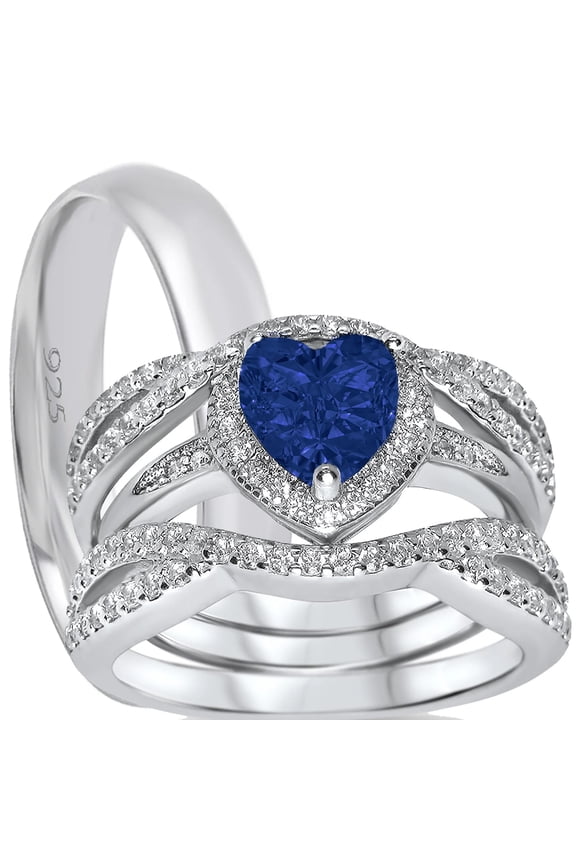 His and Her Wedding Ring Set TRIO 3PCS Blue CZ Silver Rings for Him Her