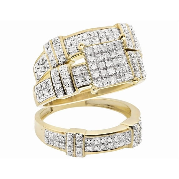 Sparkle Jewels Ladies Mens 14K Yellow Gold Finish CZ Trio Engagement Wedding Ring Set